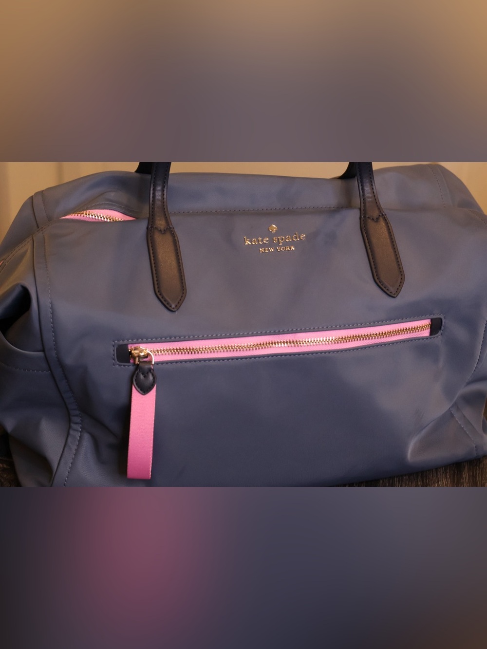 Kate Spade New York Navy Nylon Weekender Duffel Travel Carry-On Bag Pink Zip